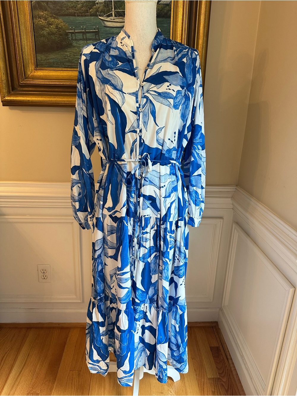 H&M Blue White Floral Tropical Print Long Sleeve Dress